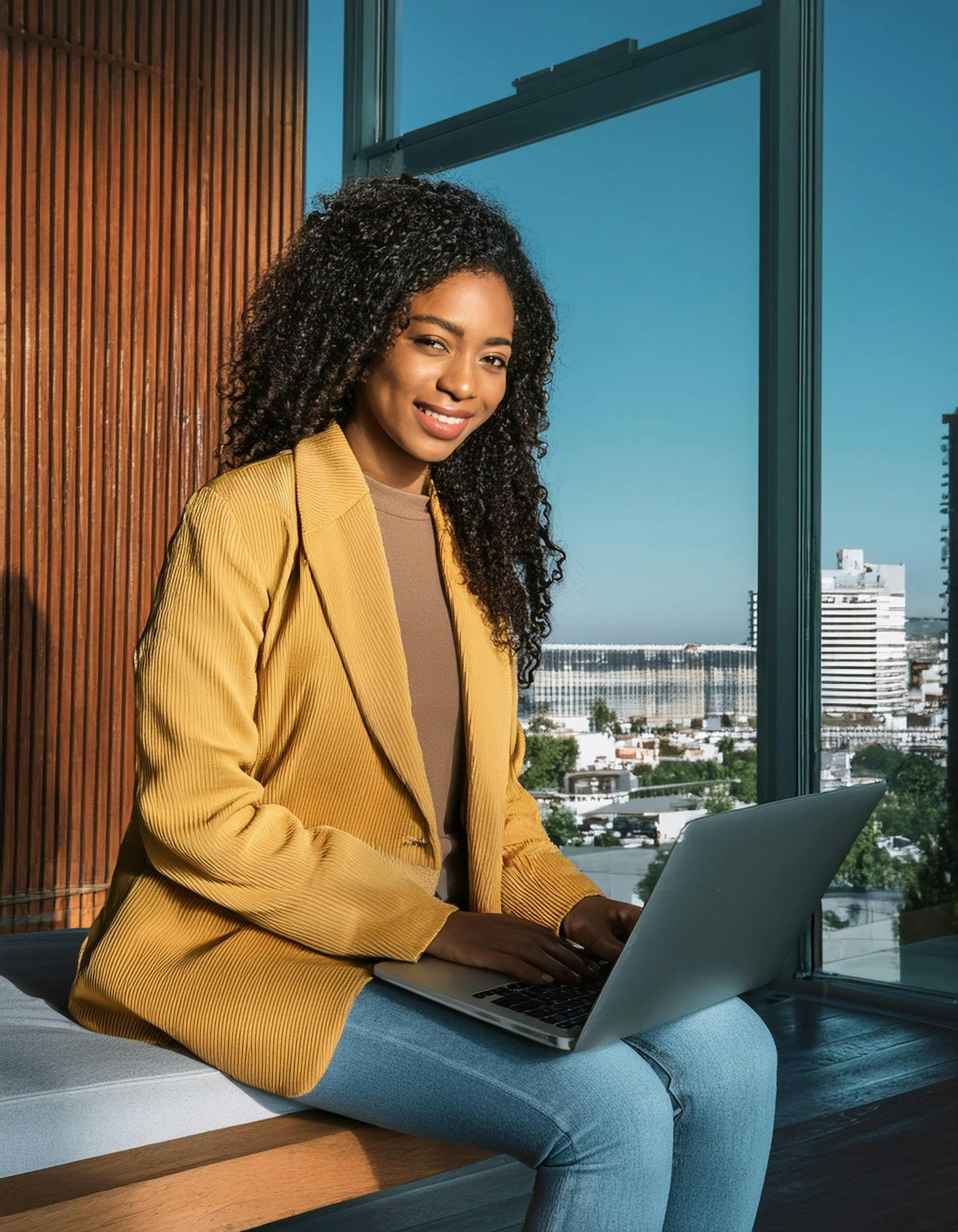 Confident business woman working on a laptop in a modern office with city view.